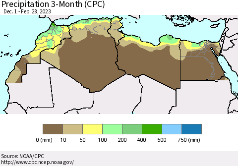 North Africa Precipitation 3-Month (CPC) Thematic Map For 12/1/2022 - 2/28/2023