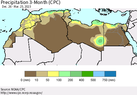 North Africa Precipitation 3-Month (CPC) Thematic Map For 12/26/2022 - 3/25/2023