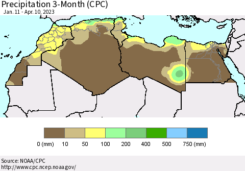 North Africa Precipitation 3-Month (CPC) Thematic Map For 1/11/2023 - 4/10/2023