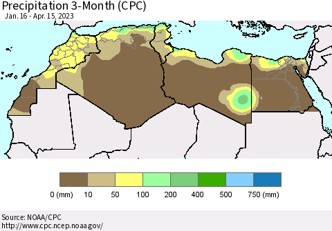 North Africa Precipitation 3-Month (CPC) Thematic Map For 1/16/2023 - 4/15/2023
