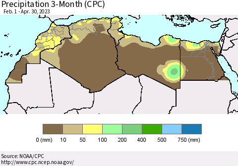 North Africa Precipitation 3-Month (CPC) Thematic Map For 2/1/2023 - 4/30/2023
