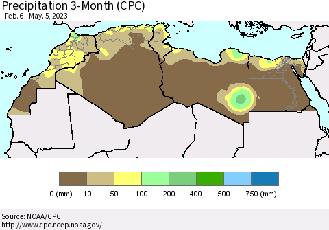 North Africa Precipitation 3-Month (CPC) Thematic Map For 2/6/2023 - 5/5/2023