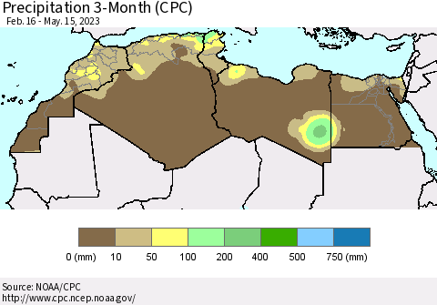 North Africa Precipitation 3-Month (CPC) Thematic Map For 2/16/2023 - 5/15/2023