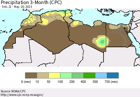 North Africa Precipitation 3-Month (CPC) Thematic Map For 2/21/2023 - 5/20/2023