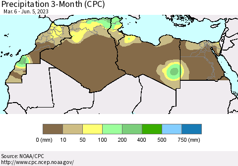 North Africa Precipitation 3-Month (CPC) Thematic Map For 3/6/2023 - 6/5/2023