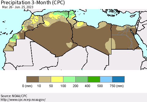North Africa Precipitation 3-Month (CPC) Thematic Map For 3/26/2023 - 6/25/2023