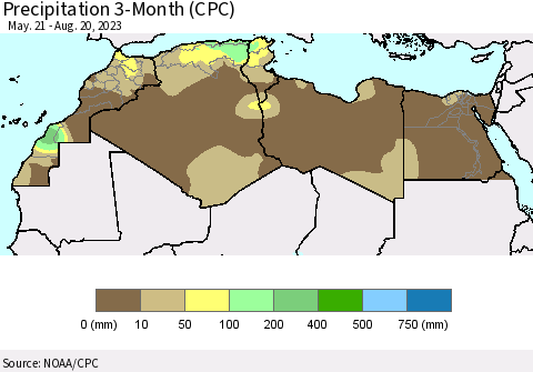 North Africa Precipitation 3-Month (CPC) Thematic Map For 5/21/2023 - 8/20/2023