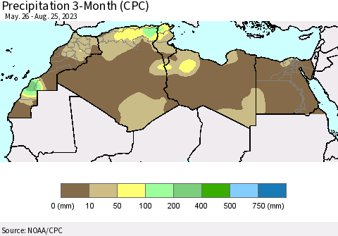 North Africa Precipitation 3-Month (CPC) Thematic Map For 5/26/2023 - 8/25/2023