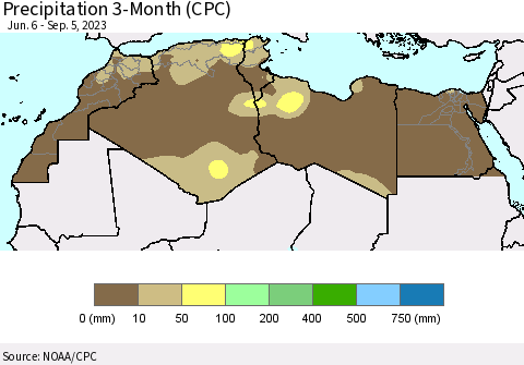 North Africa Precipitation 3-Month (CPC) Thematic Map For 6/6/2023 - 9/5/2023
