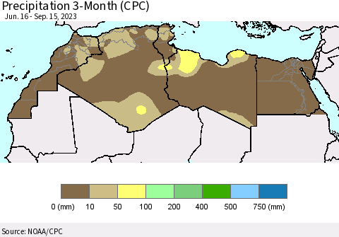 North Africa Precipitation 3-Month (CPC) Thematic Map For 6/16/2023 - 9/15/2023