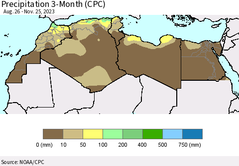 North Africa Precipitation 3-Month (CPC) Thematic Map For 8/26/2023 - 11/25/2023