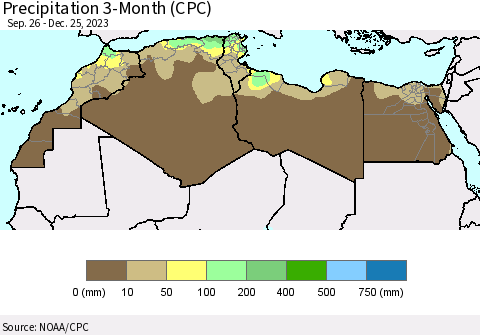 North Africa Precipitation 3-Month (CPC) Thematic Map For 9/26/2023 - 12/25/2023