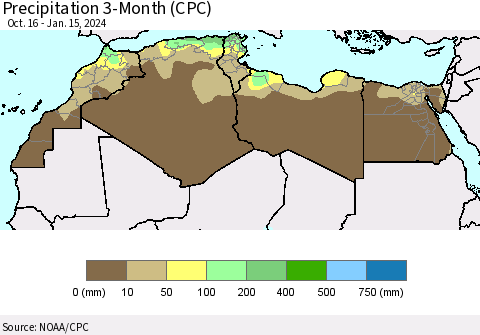 North Africa Precipitation 3-Month (CPC) Thematic Map For 10/16/2023 - 1/15/2024