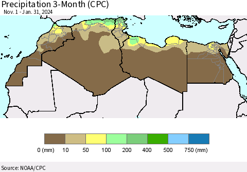 North Africa Precipitation 3-Month (CPC) Thematic Map For 11/1/2023 - 1/31/2024