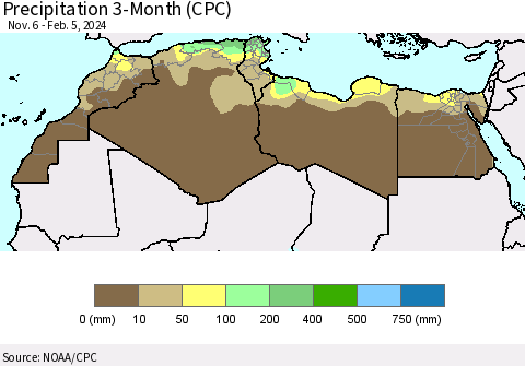 North Africa Precipitation 3-Month (CPC) Thematic Map For 11/6/2023 - 2/5/2024