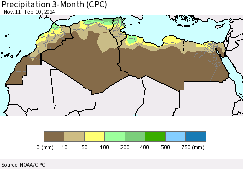 North Africa Precipitation 3-Month (CPC) Thematic Map For 11/11/2023 - 2/10/2024