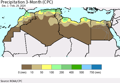 North Africa Precipitation 3-Month (CPC) Thematic Map For 12/1/2023 - 2/29/2024