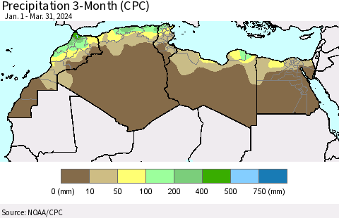 North Africa Precipitation 3-Month (CPC) Thematic Map For 1/1/2024 - 3/31/2024