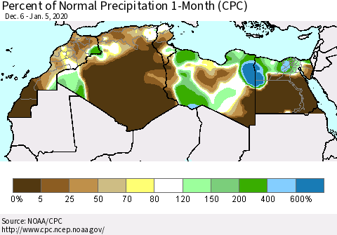 North Africa Percent of Normal Precipitation 1-Month (CPC) Thematic Map For 12/6/2019 - 1/5/2020