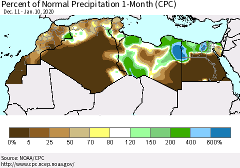 North Africa Percent of Normal Precipitation 1-Month (CPC) Thematic Map For 12/11/2019 - 1/10/2020