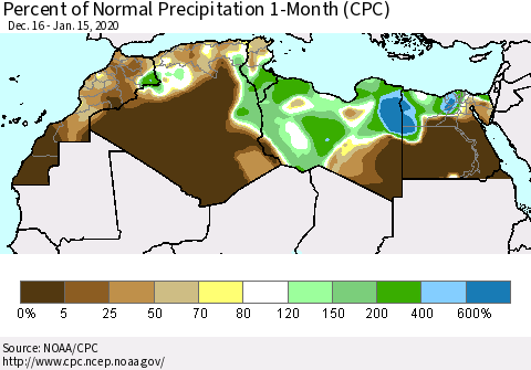 North Africa Percent of Normal Precipitation 1-Month (CPC) Thematic Map For 12/16/2019 - 1/15/2020