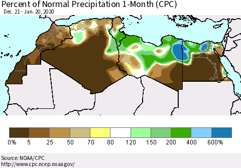 North Africa Percent of Normal Precipitation 1-Month (CPC) Thematic Map For 12/21/2019 - 1/20/2020