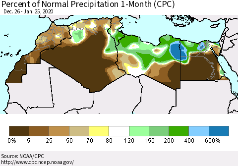 North Africa Percent of Normal Precipitation 1-Month (CPC) Thematic Map For 12/26/2019 - 1/25/2020