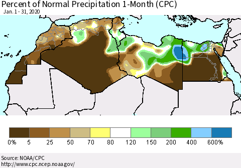 North Africa Percent of Normal Precipitation 1-Month (CPC) Thematic Map For 1/1/2020 - 1/31/2020