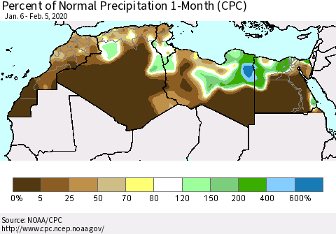 North Africa Percent of Normal Precipitation 1-Month (CPC) Thematic Map For 1/6/2020 - 2/5/2020