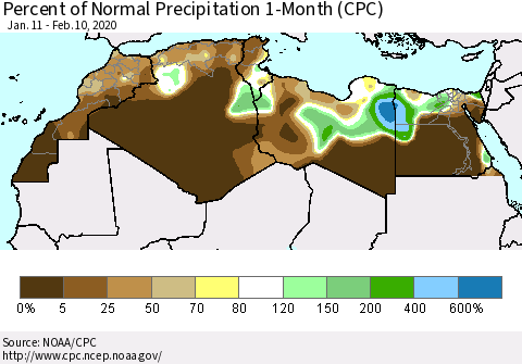 North Africa Percent of Normal Precipitation 1-Month (CPC) Thematic Map For 1/11/2020 - 2/10/2020