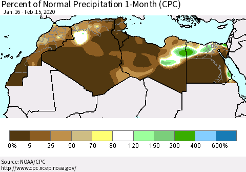 North Africa Percent of Normal Precipitation 1-Month (CPC) Thematic Map For 1/16/2020 - 2/15/2020