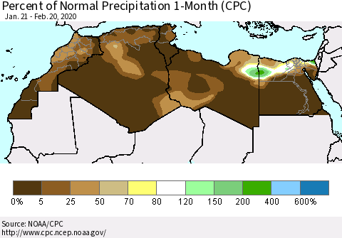 North Africa Percent of Normal Precipitation 1-Month (CPC) Thematic Map For 1/21/2020 - 2/20/2020