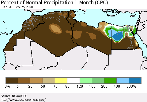 North Africa Percent of Normal Precipitation 1-Month (CPC) Thematic Map For 1/26/2020 - 2/25/2020