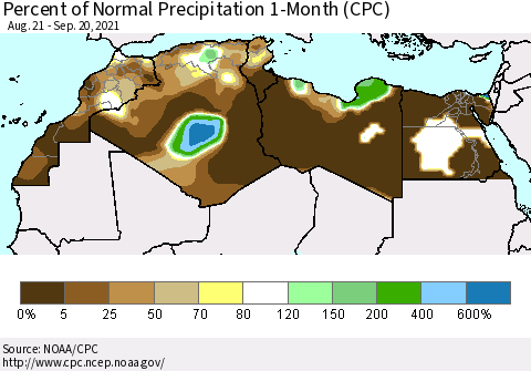 North Africa Percent of Normal Precipitation 1-Month (CPC) Thematic Map For 8/21/2021 - 9/20/2021