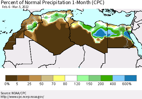 North Africa Percent of Normal Precipitation 1-Month (CPC) Thematic Map For 2/6/2022 - 3/5/2022