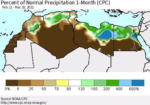 North Africa Percent of Normal Precipitation 1-Month (CPC) Thematic Map For 2/11/2022 - 3/10/2022