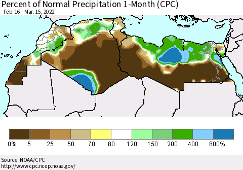 North Africa Percent of Normal Precipitation 1-Month (CPC) Thematic Map For 2/16/2022 - 3/15/2022