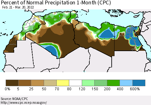 North Africa Percent of Normal Precipitation 1-Month (CPC) Thematic Map For 2/21/2022 - 3/20/2022