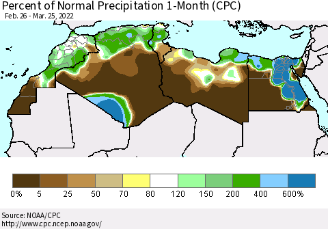 North Africa Percent of Normal Precipitation 1-Month (CPC) Thematic Map For 2/26/2022 - 3/25/2022