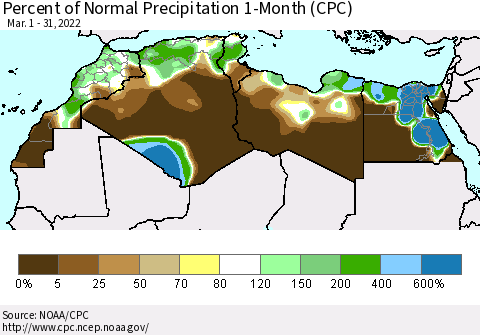North Africa Percent of Normal Precipitation 1-Month (CPC) Thematic Map For 3/1/2022 - 3/31/2022