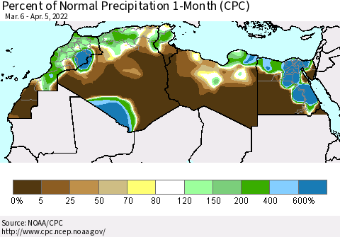 North Africa Percent of Normal Precipitation 1-Month (CPC) Thematic Map For 3/6/2022 - 4/5/2022