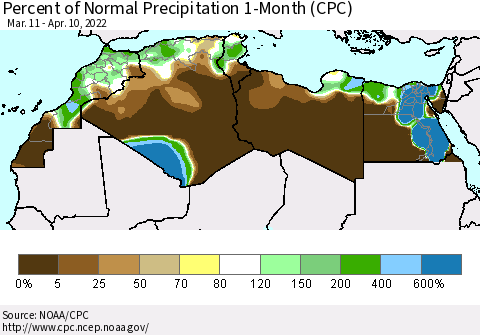 North Africa Percent of Normal Precipitation 1-Month (CPC) Thematic Map For 3/11/2022 - 4/10/2022