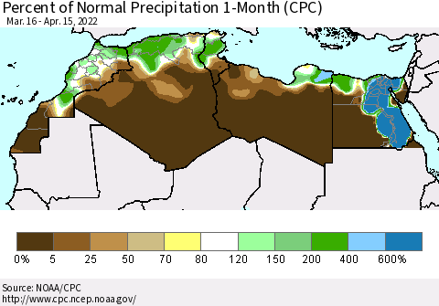 North Africa Percent of Normal Precipitation 1-Month (CPC) Thematic Map For 3/16/2022 - 4/15/2022