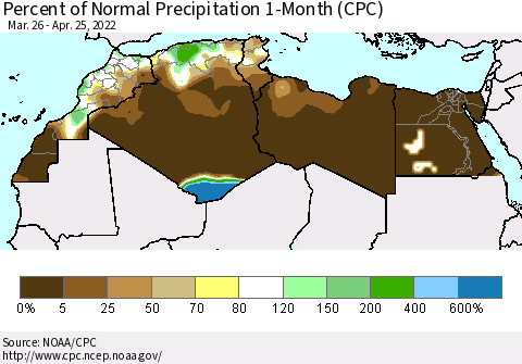 North Africa Percent of Normal Precipitation 1-Month (CPC) Thematic Map For 3/26/2022 - 4/25/2022