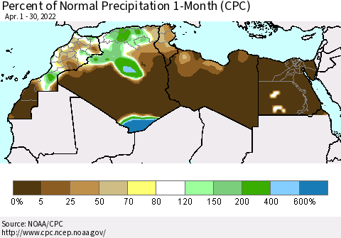 North Africa Percent of Normal Precipitation 1-Month (CPC) Thematic Map For 4/1/2022 - 4/30/2022