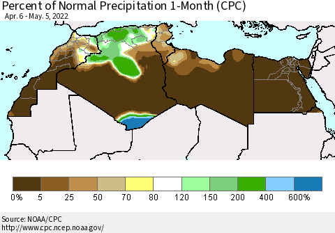 North Africa Percent of Normal Precipitation 1-Month (CPC) Thematic Map For 4/6/2022 - 5/5/2022