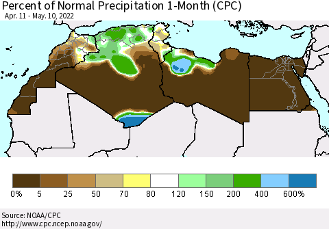 North Africa Percent of Normal Precipitation 1-Month (CPC) Thematic Map For 4/11/2022 - 5/10/2022