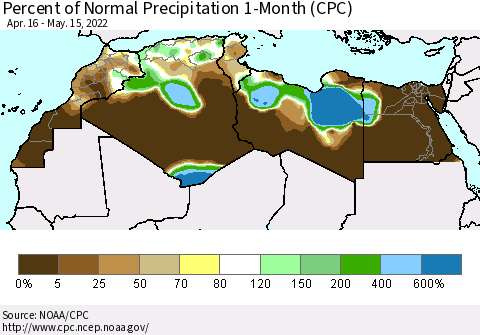North Africa Percent of Normal Precipitation 1-Month (CPC) Thematic Map For 4/16/2022 - 5/15/2022