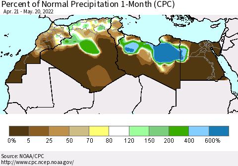 North Africa Percent of Normal Precipitation 1-Month (CPC) Thematic Map For 4/21/2022 - 5/20/2022