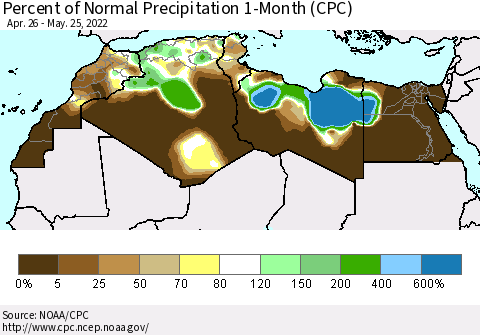 North Africa Percent of Normal Precipitation 1-Month (CPC) Thematic Map For 4/26/2022 - 5/25/2022